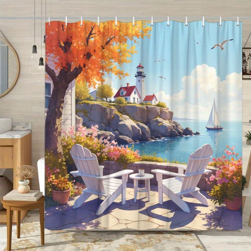 1pc Coastal Scene Shower Curtain - Adirondack Chairs, Lighthouse & Sailboat, 70.8x70.8", 12 Hooks, Calm Sea Design