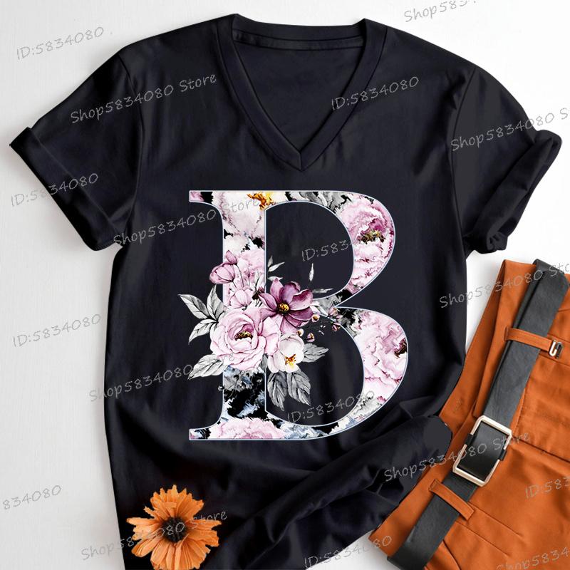 Womens Clothing AZ 26 Alphabet Flower Vintage Design Tshirts Retro Birthday Gift for Women Floral Letters A B C D Classic Top