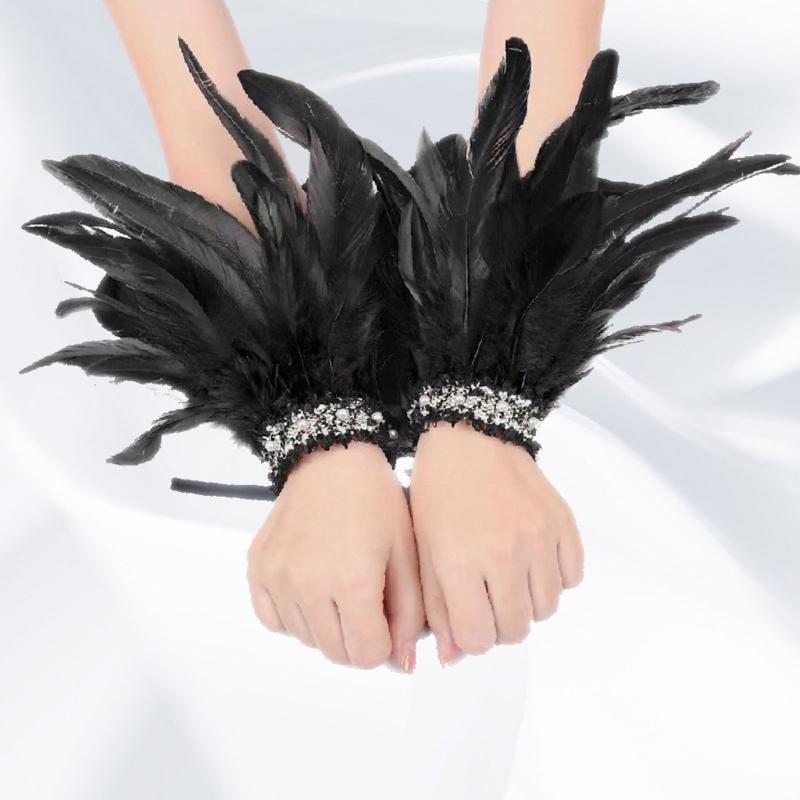 Bridal Wrist Cuffswith Feather Bride Feathered Flower Elaborate Long Bachelorette Party Dark Lacework Bride Gloves