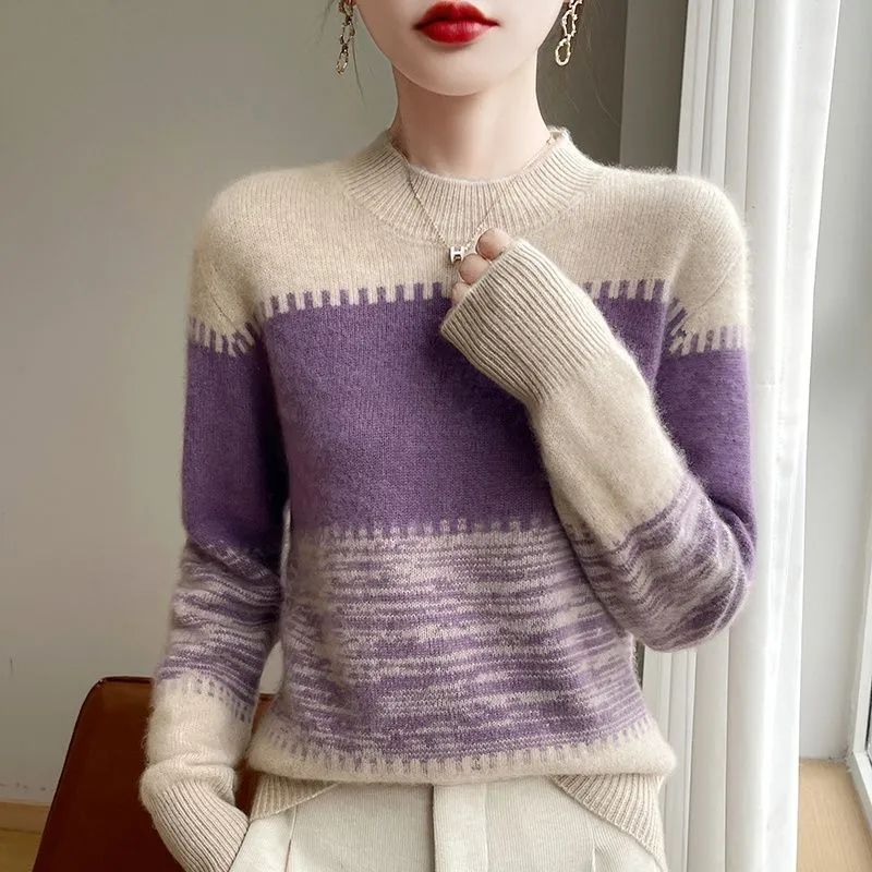 Half Turtleneck Sweater Women Loose Color-blocked Knitted Sweater for Women Long-sleeved Casual and Stylish Pullover for Autumn and Winter
