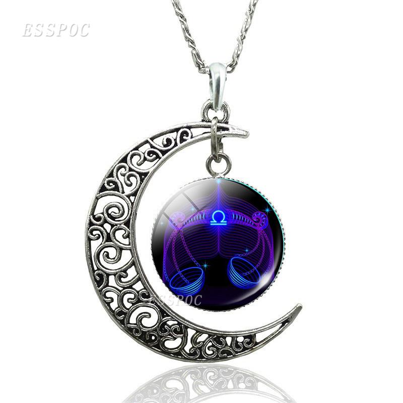 12 Constellation Necklace Zodiac Signs Cabochon Glass Crescent Moon Pendant Clavicle Chain Necklace Birthday Gifts for Women