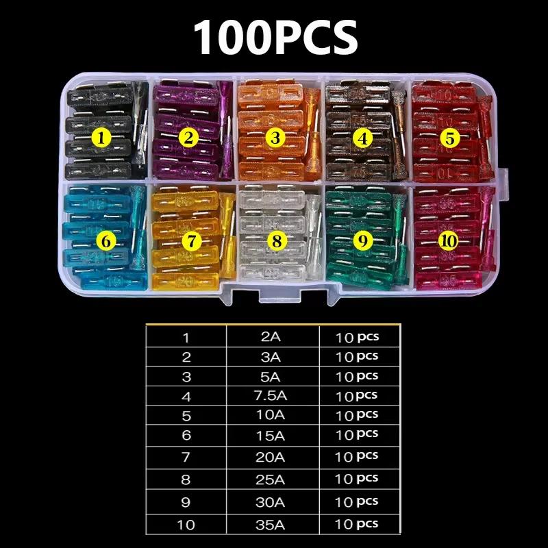 100 Pcs Car Fuses Small Mini Auto Blade Fuses 2A 3A 5A 7.5A 10A 15A 20A 25A 30A 35A AMP Assortment In Storage Box