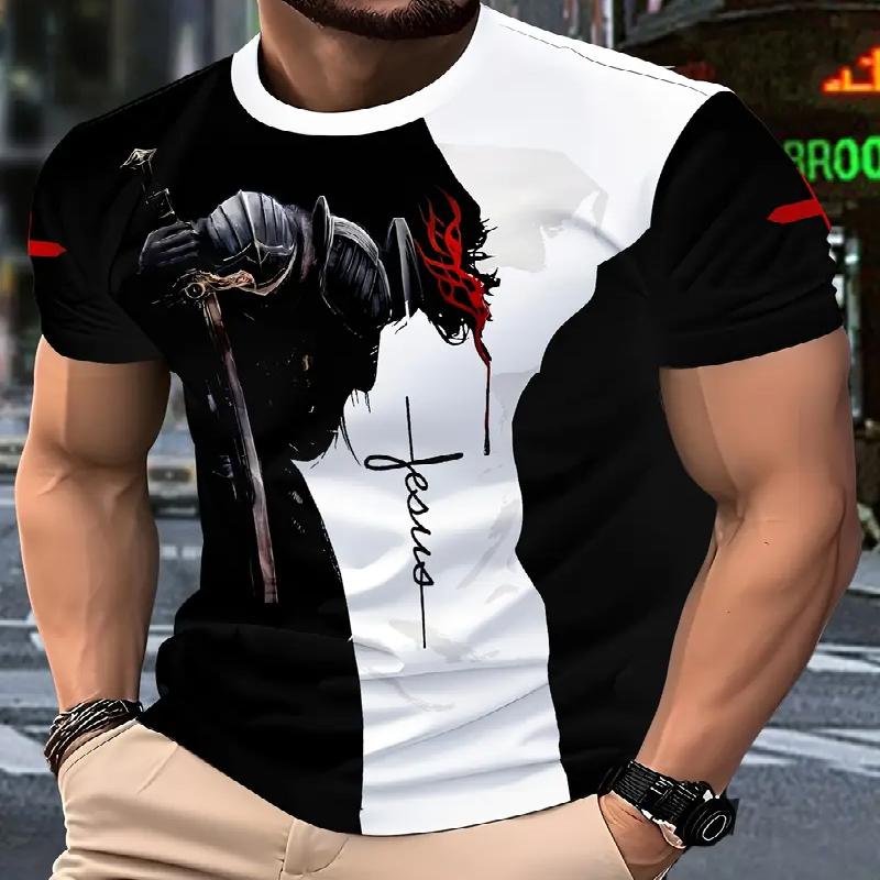 

Мужская футболка с повседневным круглым вырезом и 3D-цифровым принтом с рыцарским узором, из трикотажной ткани для летнего комфорта, полиэфирное волокно, подходит для повседневной носки 6XL