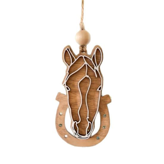 Wooden Hanging Horse Head Decoration Farmhouse Rustic Horse Horseshoe Christmas Tree Hanging Ornament Pendant