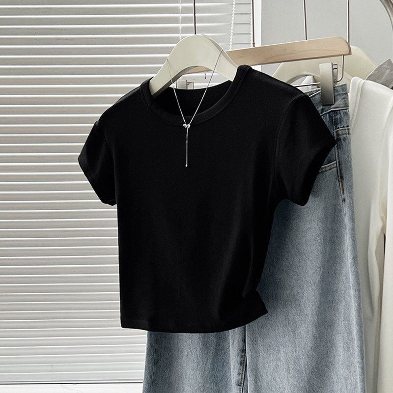 American Summer T-shirt Women's Shoulder Short Sleeves Summer Thin Round Neck Short Cotton Slim Fit Sweet and Spicy Tight Top