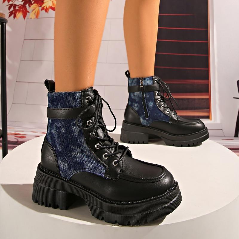 Spliced Block Heel Booties Winter New Round Toe Lace-up Platform Non-Slip Wear-Resistant Kitten Heels