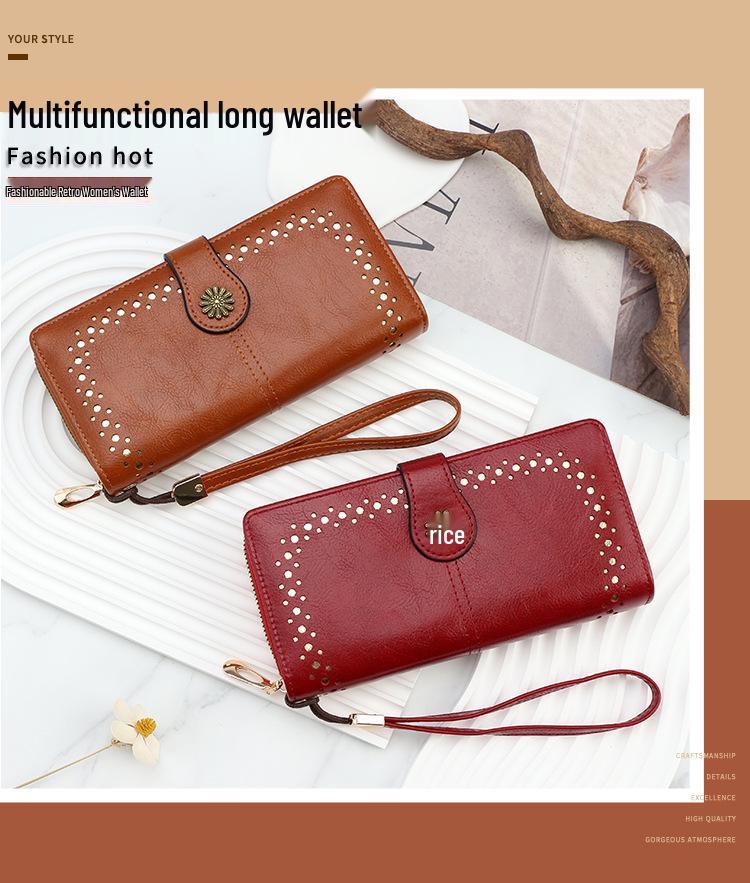 Women's Oil Wax Leather Zipper Wallet with Coin Purse & ID Holder