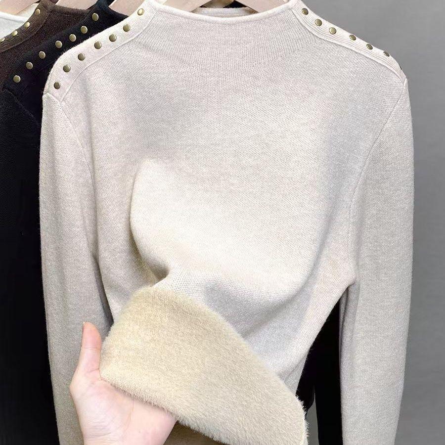 One Piece Velvet High Neck Sweater with Thick Velvet Base for Women Winter Rivet Knitted Sweater with Inner Top