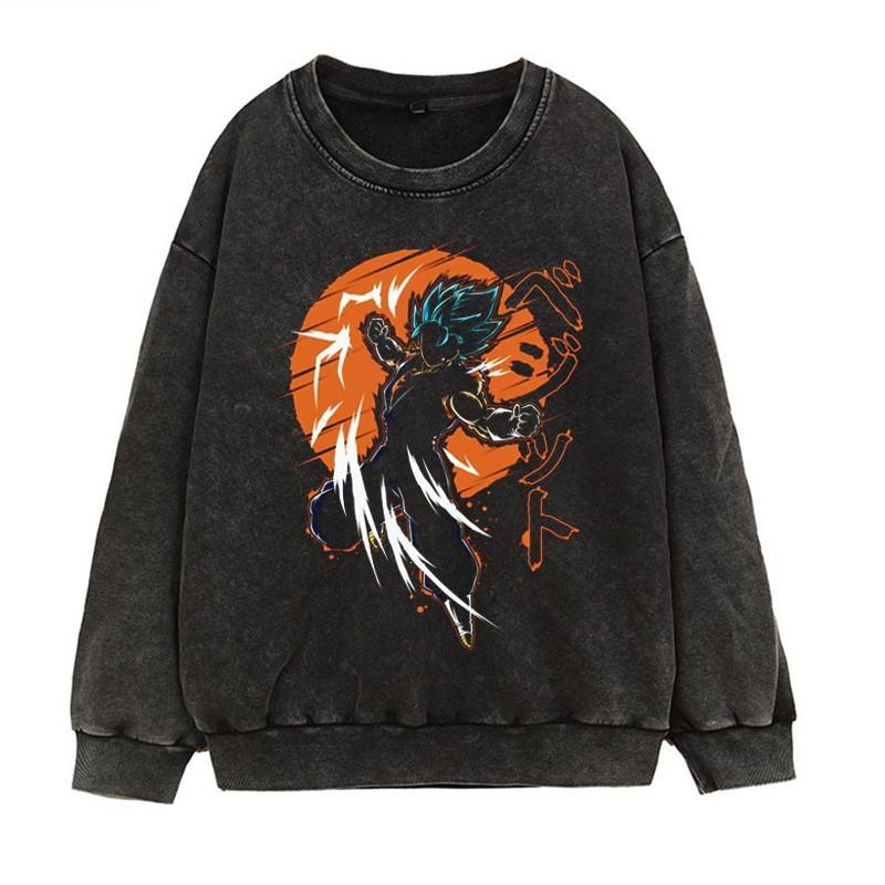 Vintage Washed Dragon Ball Anime Hoodie-Free Crewneck Sweatshirt Teens Men Streetwear Casual Long Sleeve Cotton