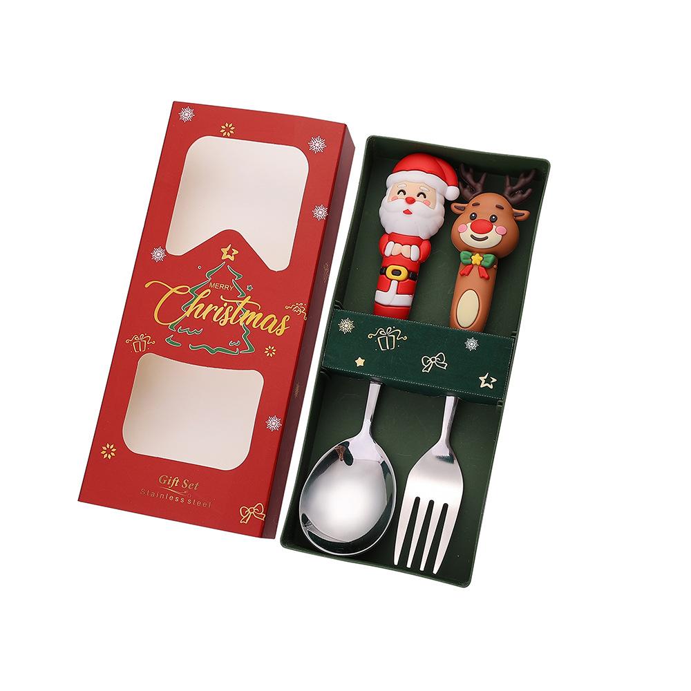 Christmas, Stainless Steel Spoon and Fork Set Santa Spoon Fruit Fork Tableware Gift Box