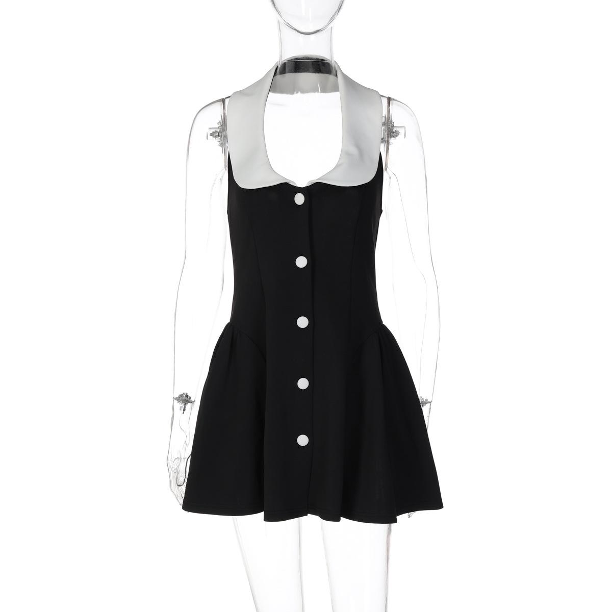 Women One Shoulder Dress Contrast Color Deep V Neck Button Up A Line Pleated Mini Dress S