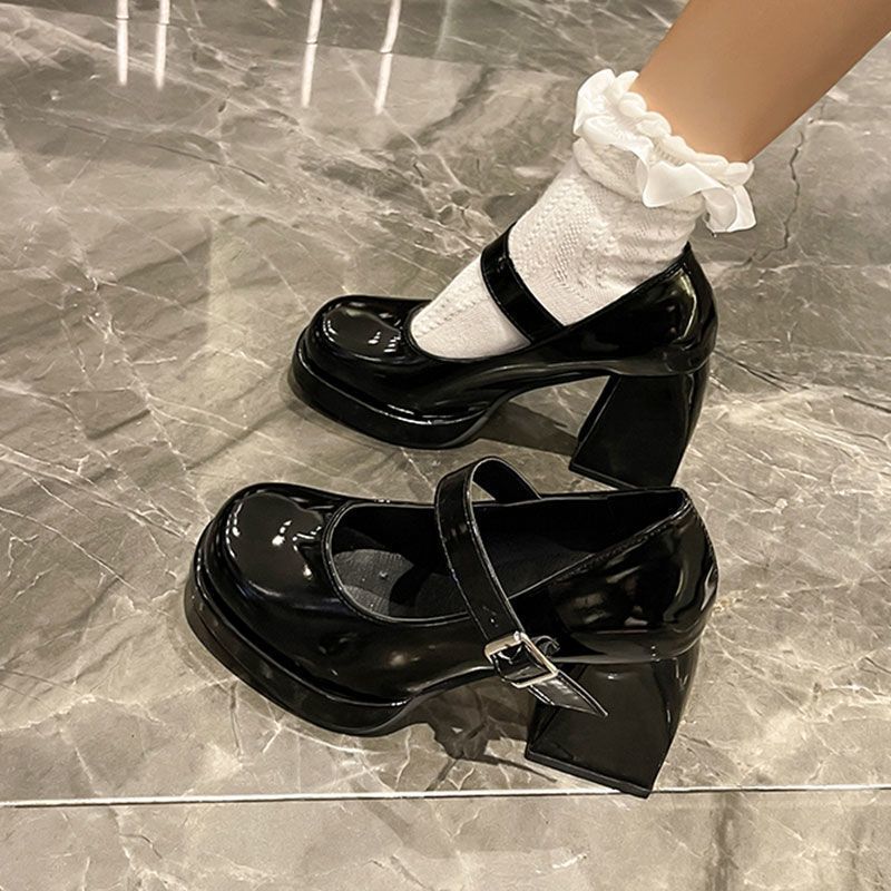 Spice girl patent leather thick heel single shoes Mary Jane shoes new retro fashion niche small leather shoes high heels women
