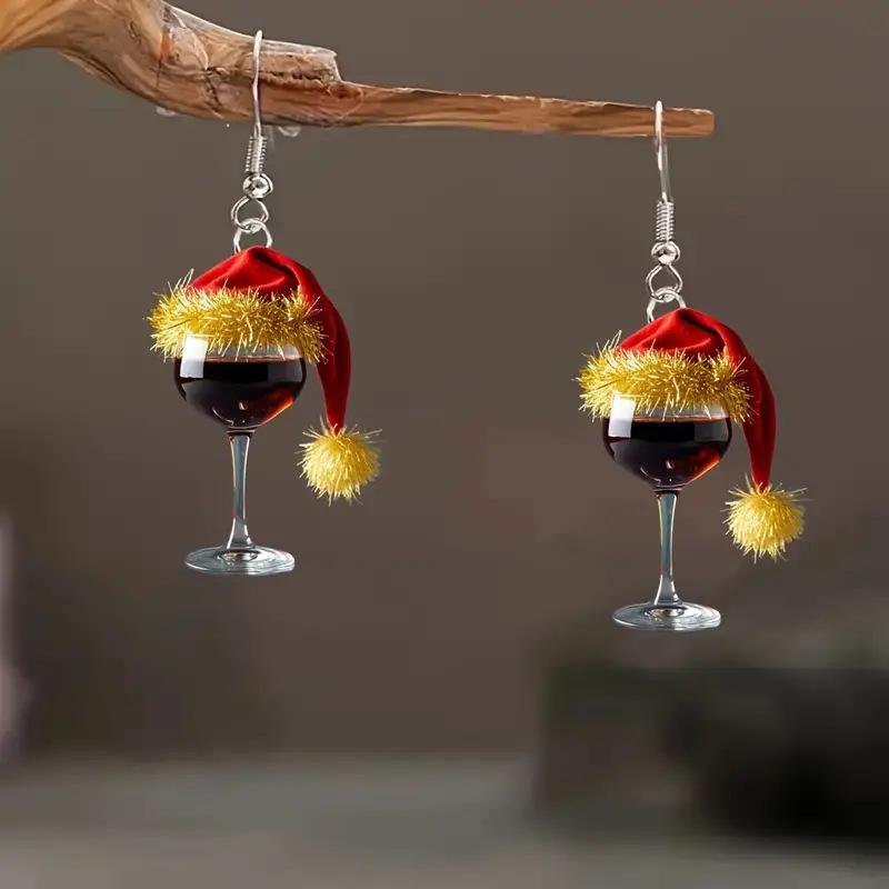 Festive Christmas Wine Glass Earrings - Holiday Red Acrylic Accessory