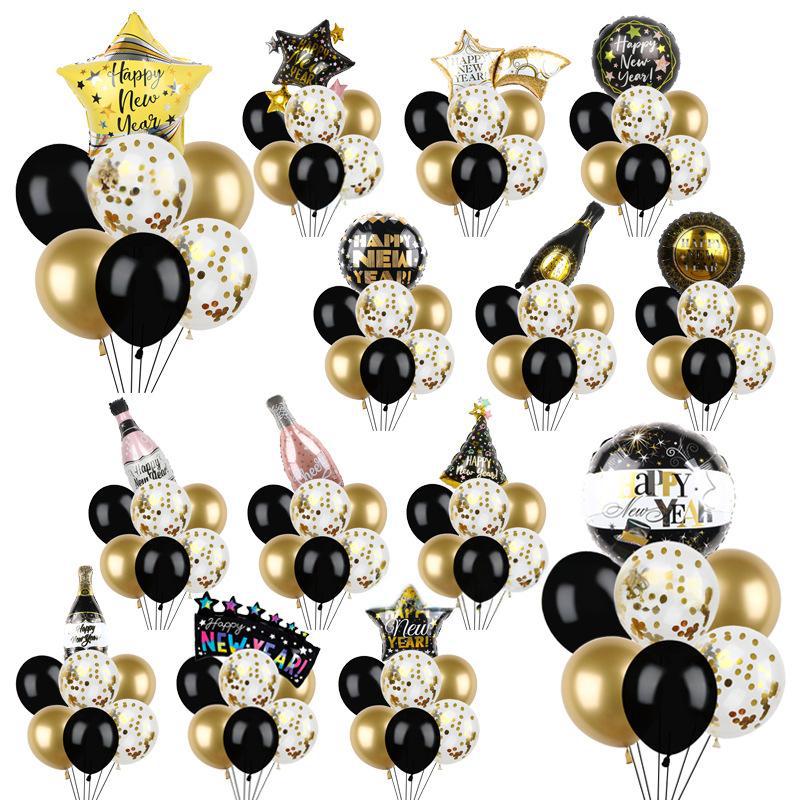 7-Piece Black Gold Sequins Happy New Year Happy New Year Theme Latex Aluminum Film Lift-Off Balloon Combination
