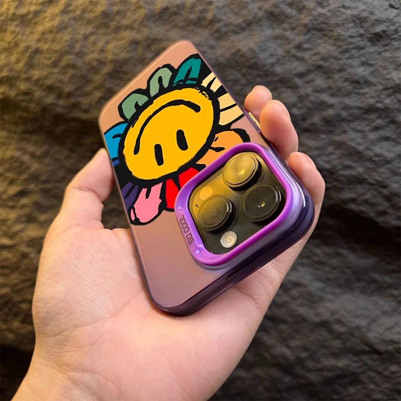 Floral Pattern Sun Smile Face Design For iPhone 16 15 Pro Max 14 13 12 11 ProMax Matte Hard Back Cover Case Funda Coque