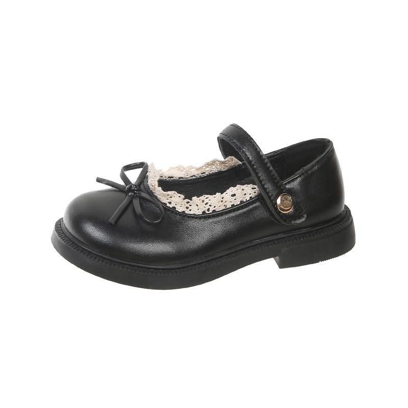 Girls' Classic Black Leather Princess Shoes - Soft Sole Lace Casual Flats for Spring & Autumn