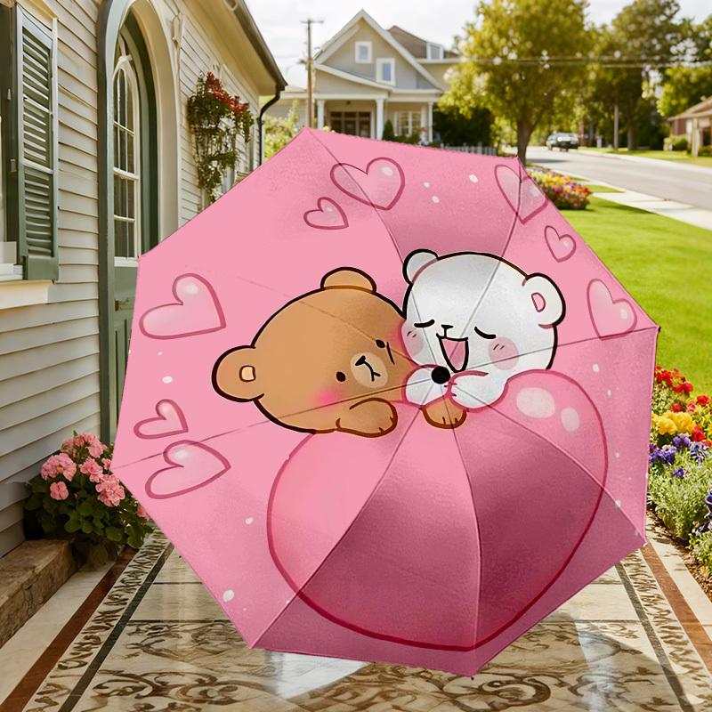 1pc Bear Heart Automatic Folding Umbrella 8 Rib Iron Frame, Compact Portable Umbrella Suitable for Travel, Daily Use, Birthday, Women & Men Gift 058