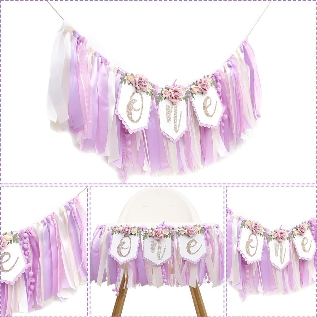 Baby Girl 1st birthday highchair banner -Purple Floral Garland, Purple And Pink First Birthday Decoration, Rose 1st Bday Banner, floral birthday