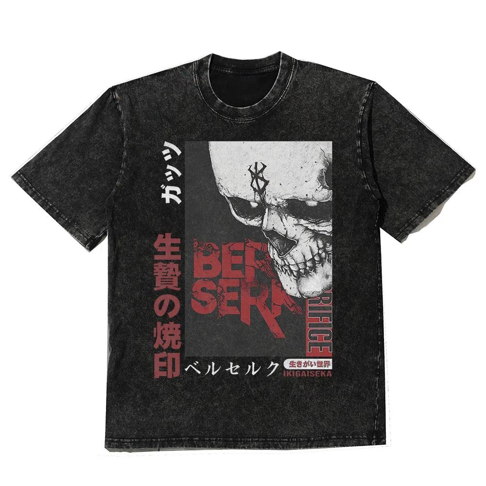 Men Anime Graphic Print T Shirts Washed Vintage Oversized Tshirt Harajuku Streetwear Cotton Loose Short Sleeve Tshirt Tees Tops