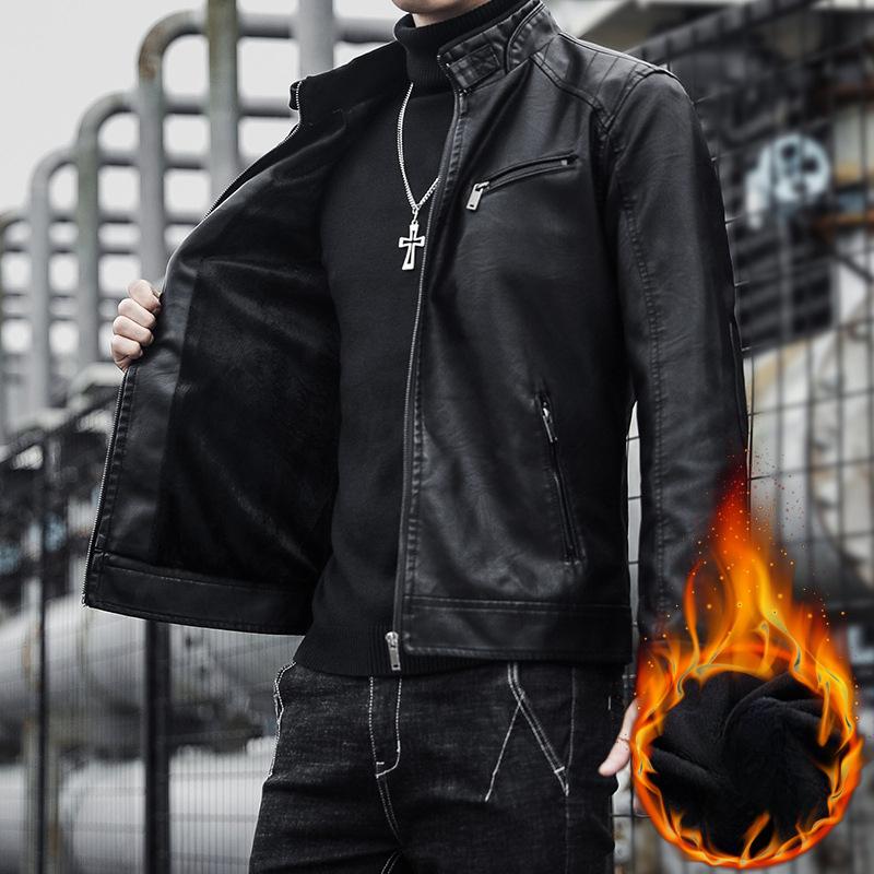Men's Stand Collar Leather Jacket Autumn and Winter New Tops Men's Velvet Thickened Work Jacket