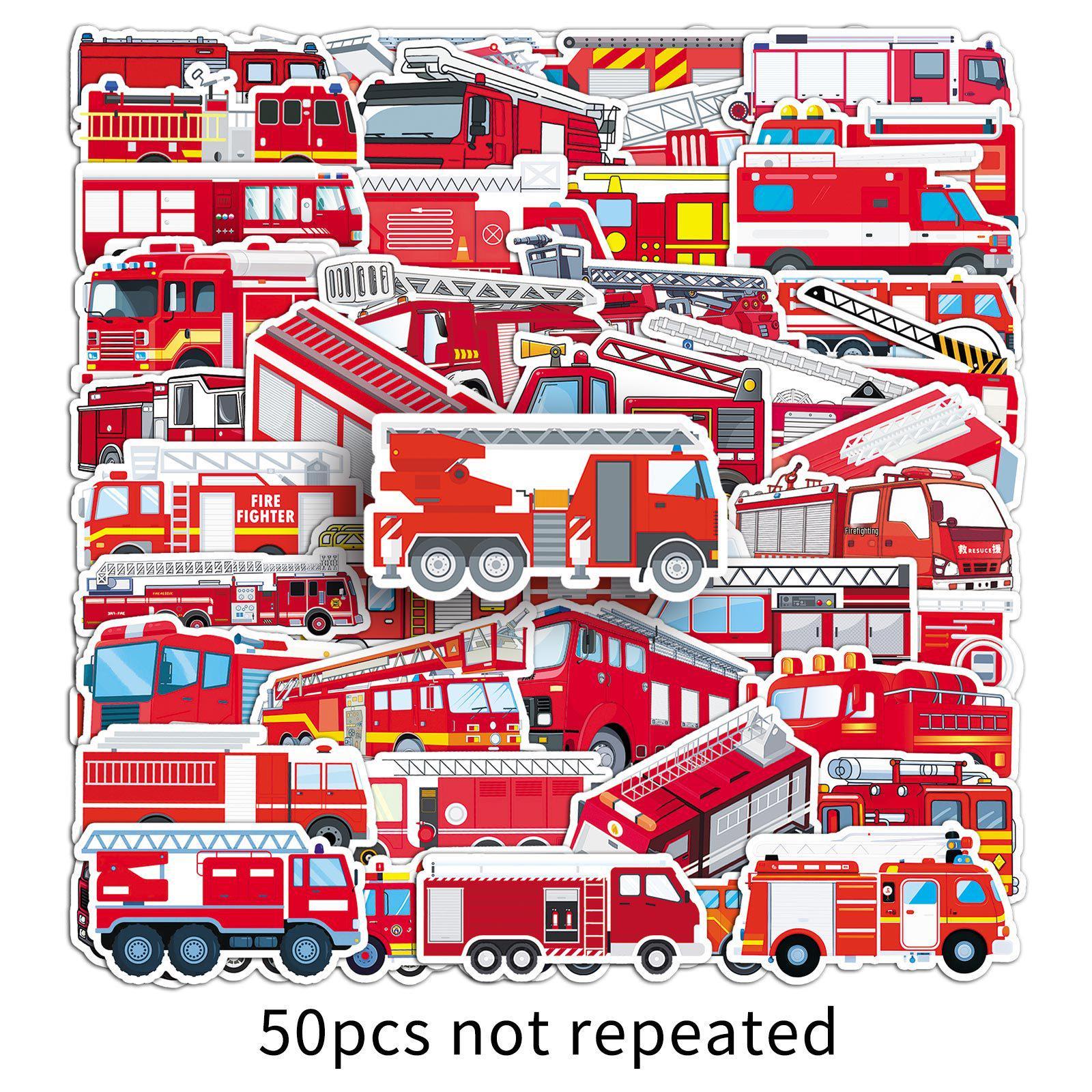 50 Fire Truck & Traffic Car Cartoon Stickers - Waterproof for Suitcases & Diaries