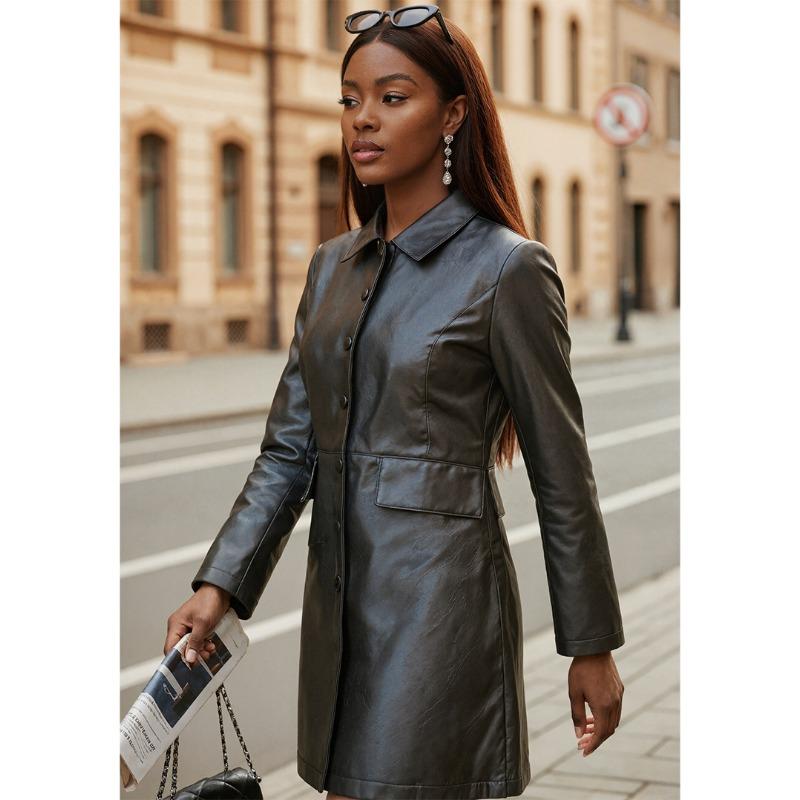 Autumn Winter Polo-neck Solid PU Leather Single Breasted Coat Women All-match Cardigan Jacket Top Outwear