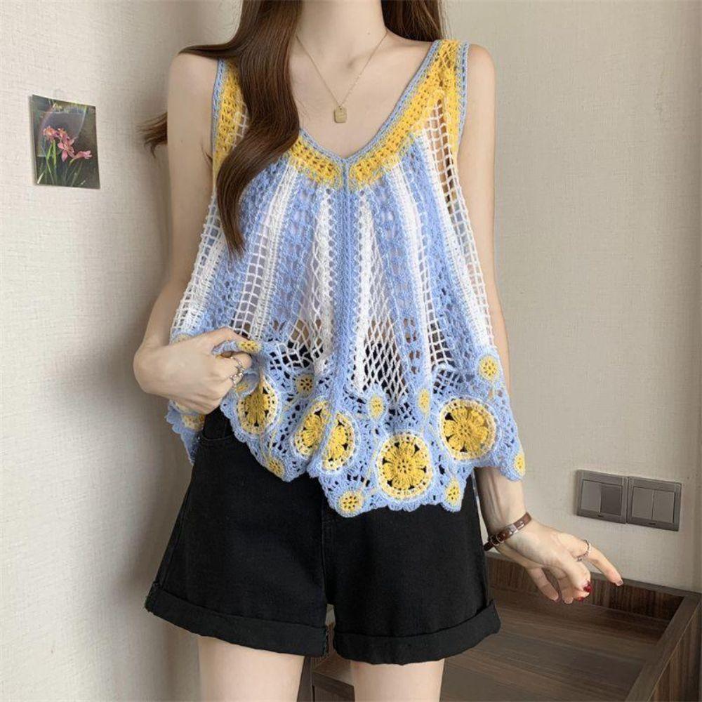 Versatile Hollowed Out Vest Dress Crochet Loose Sleeveless Cover Up Printed Knit Ethnic Bohemian Vest For Summer Beach Vacation