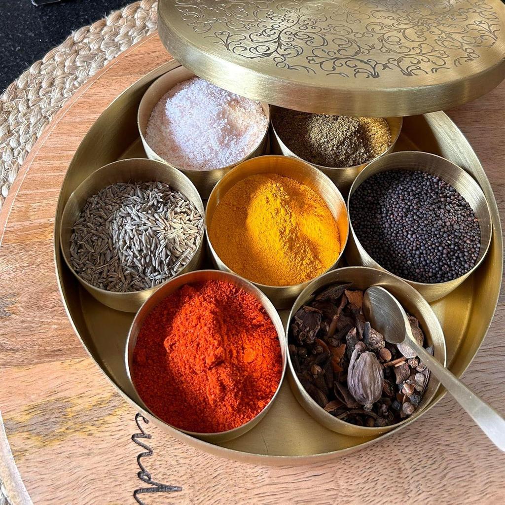 Pure Brass Kitchen Masala Dabba 8" - Floral Etched Spice Box, 7 Compartment, Handcrafted Container with Spoon & Lid