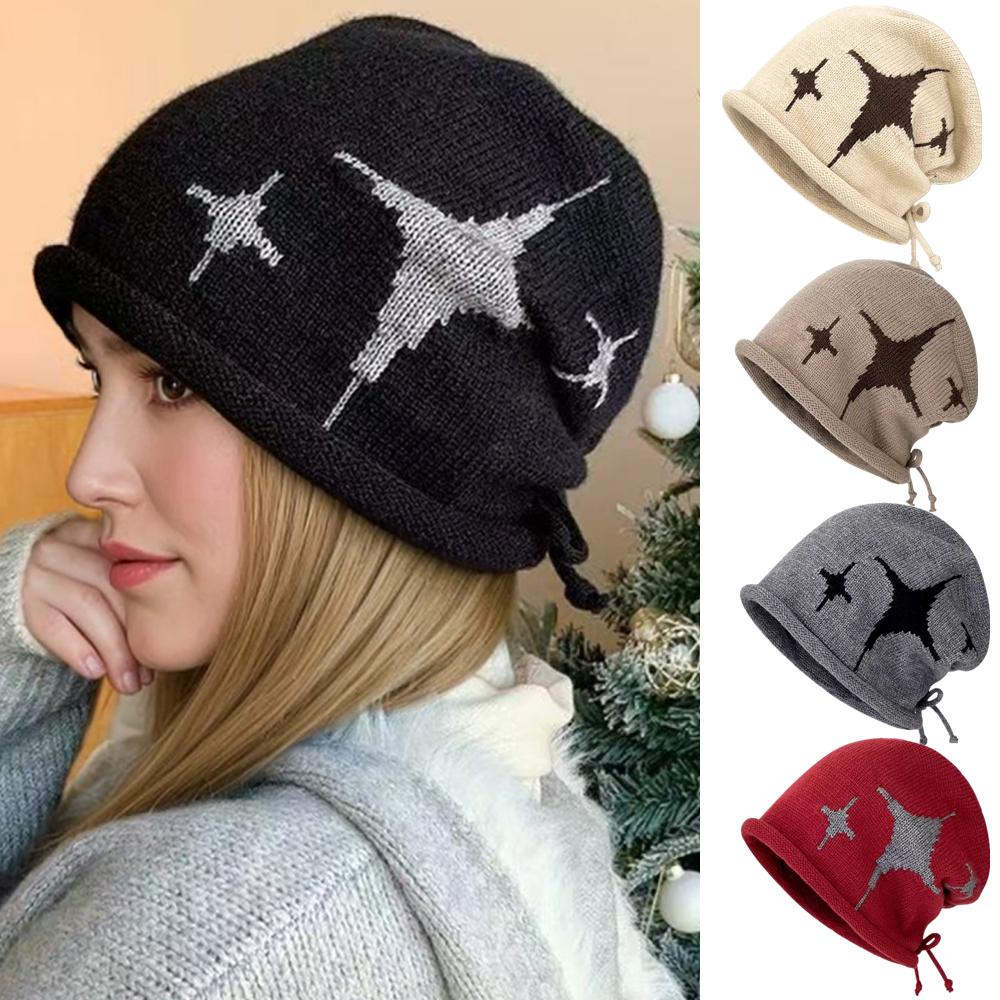 Woman Loose Beanie Hat Casual Drawstring Design Pile Hat Female Streetwear Outdoor Fashion Winter Knitted Hat