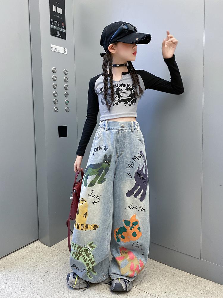 Girls' Graffiti Wide-Leg Jeans - Spring/Autumn Casual Fashion Pants