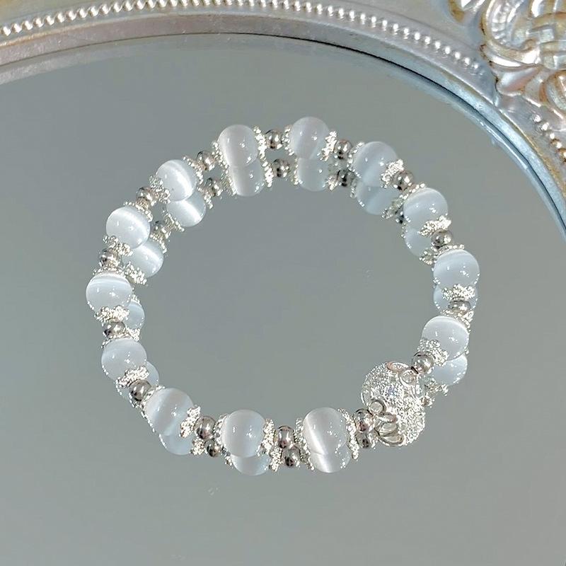 Ice Clear Crystal Cat's Eye Beaded Bracelet - Women's High-End Chinese Style Moonstone Jewelry