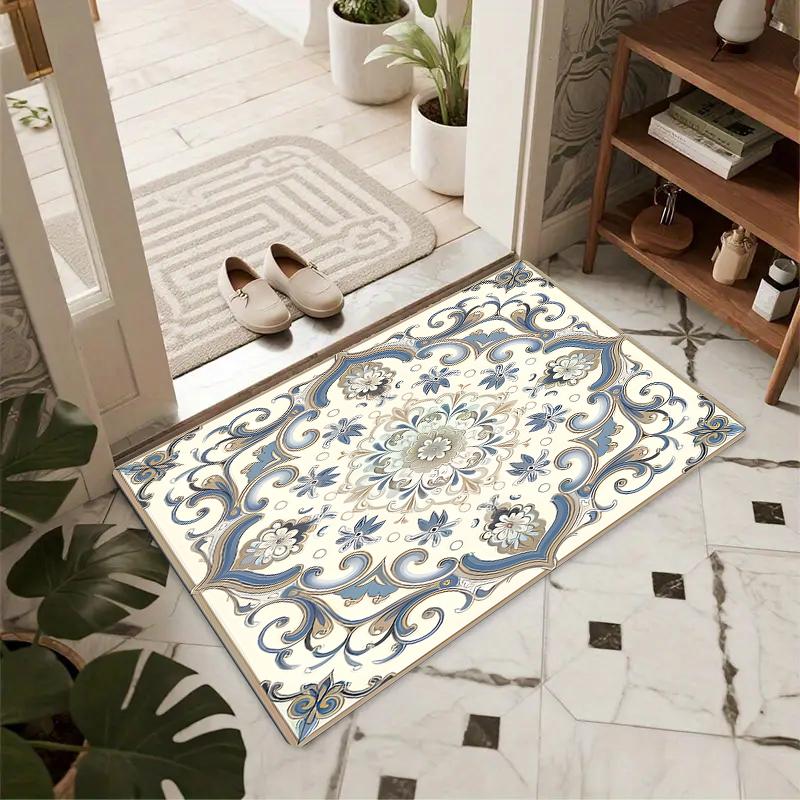 Blau-Weißes Blumen-Fußabtreter Rutschfester Eingangs-Teppich Vintage Mediterranes Muster Bodenmatte für Hauseingang Innen Außen