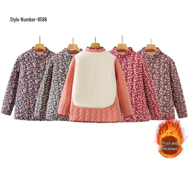 240 Jin Plus Size Velvet-Lined Cotton Jacket for Autumn/Winter - Stand Collar, Loose Fit for Middle-Aged & Elderly Women