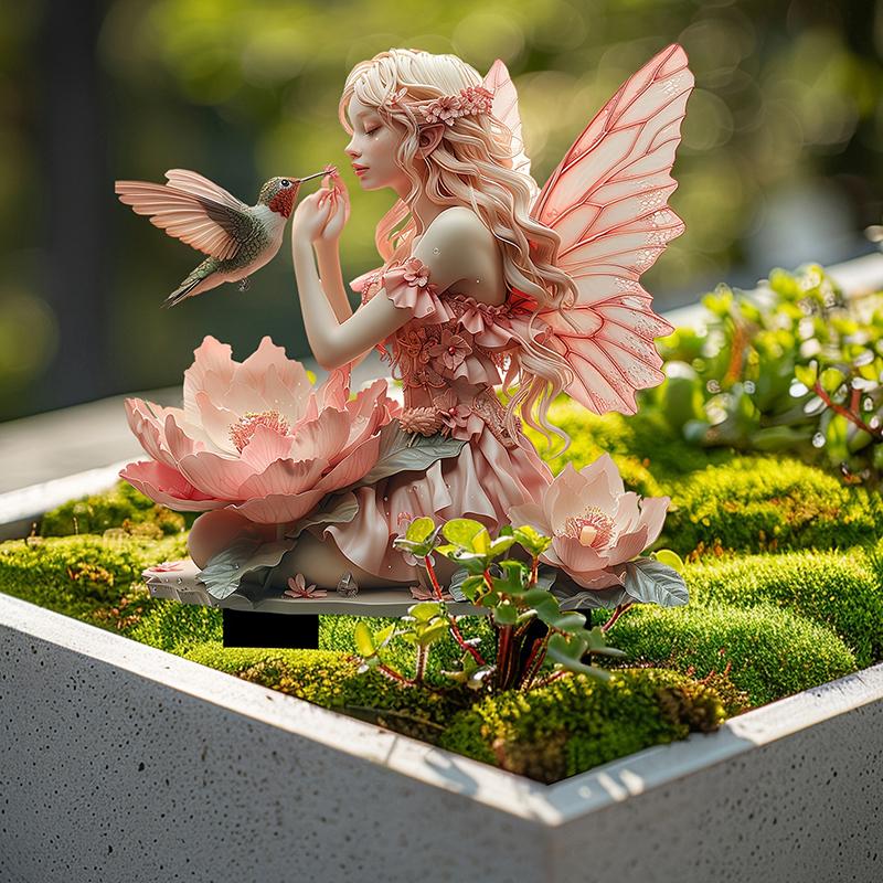 Peri Bohem Tarzı Pembe Kurdele Kanatlı Peri Sinek Kuşu Akrilik Bahçe Kazığı Avlu Bahçe Zemin Saksı Bitkisi Dekorasyonu