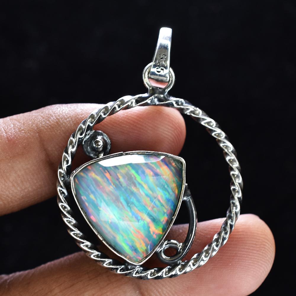 925 Sterling Silver CERTIFIED Natural Opal Trillion 30 Ct Gemstone Pendant