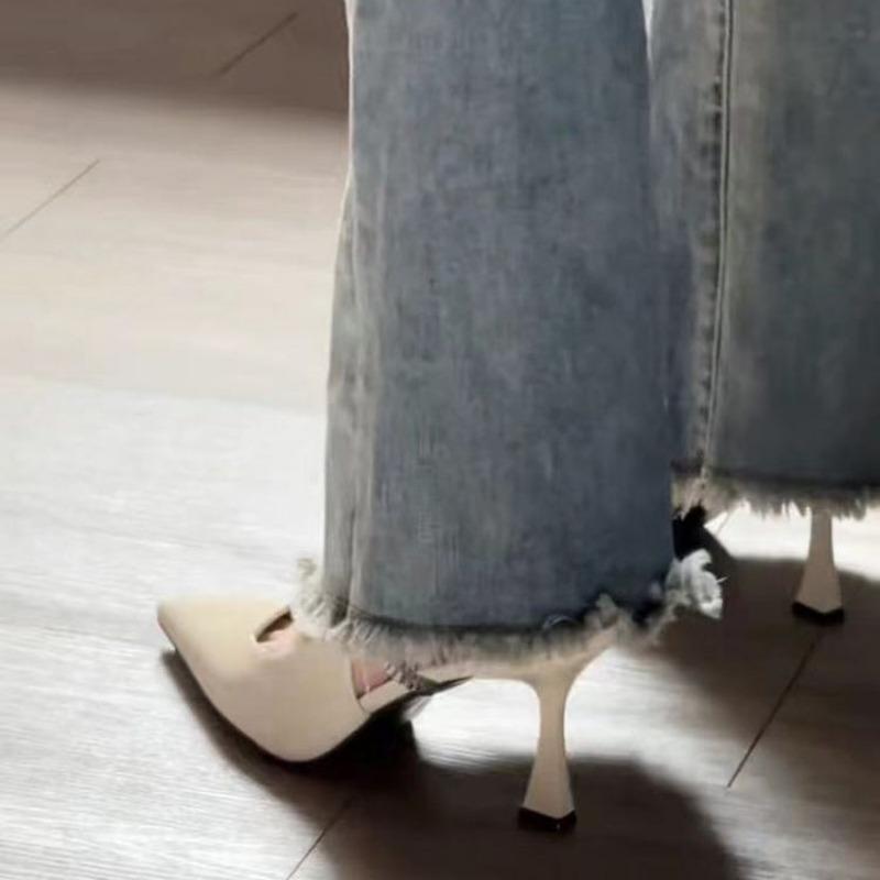 Back strap black pointed high heels spring and summer single shoes sandals women's black