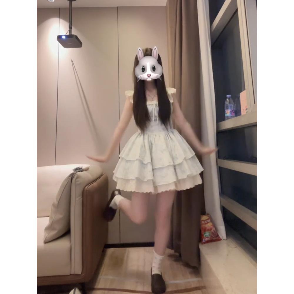 Sweet and Cute Little Flying Sleeves Blue Floral Dress Women's Summer College Style Daughter Princess Dress Cherry Blossom Puffy Short Dress