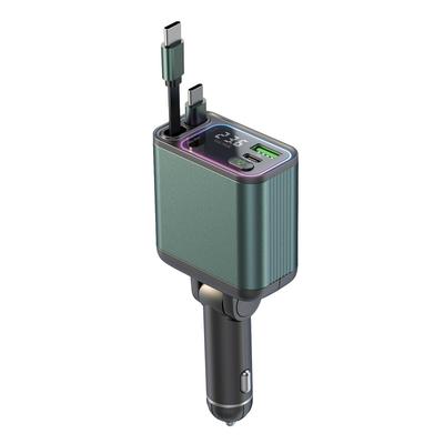 GC08A Car Charger Ambient Light Voltage Display Fast Charge Adapter with Dual Type-C Retractable Cables