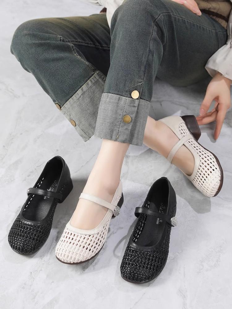 Fashion GKTINOO Genuine Leather Woven Thick Heels Women's Shoes 2025 Summer New Lace-up Soft Sole Casual Hollow Breathable Sandals