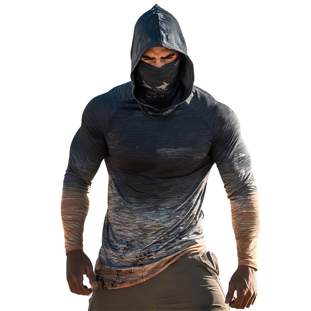 Men’s Long Sleeve Hooded Shirt with Face Covering Lightweight Stretch Fabric Pullover for Outdoor Activities UV Protection