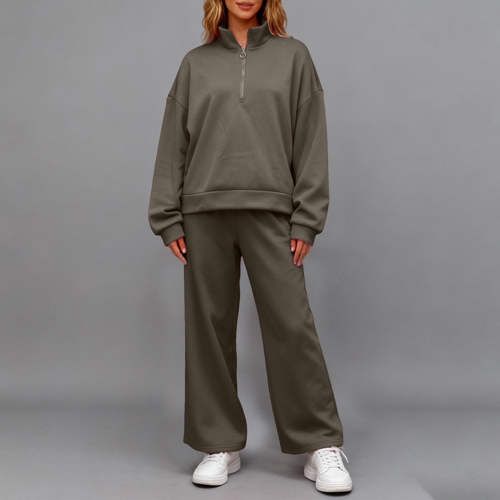 

Женский повседневный пуловер-худи с полуоткрытой планкой и комплект свободных повседневных спортивных штанов L армия зеленый