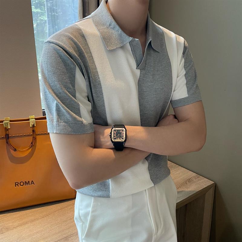 Pánská polokošile Slim Fit z ledového hedvábí - S krátkým rukávem, korejský styl, ležérní s límečkem