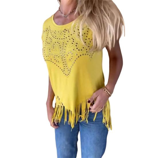 Damen T-Shirt Rundhals Kurzarm T-Shirt mit Strass-Aufdruck Quaste Saum Einfarbig Pullover Tops