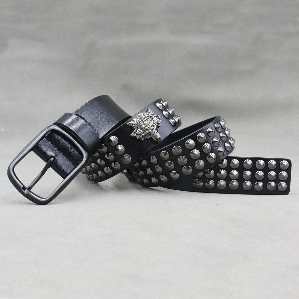 Pointed Rivets Cowhide Belt Men's Japanese Buckle Wolf Head 3D Decoration Women's Belt Punk Style