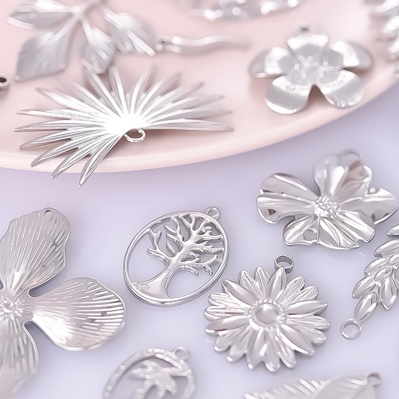 6pcs Silver Color Plant Tree Leaf Flower Charms For Jewelry Making Earring Necklace Connector Stainless Steel Charm Pendant Bulk