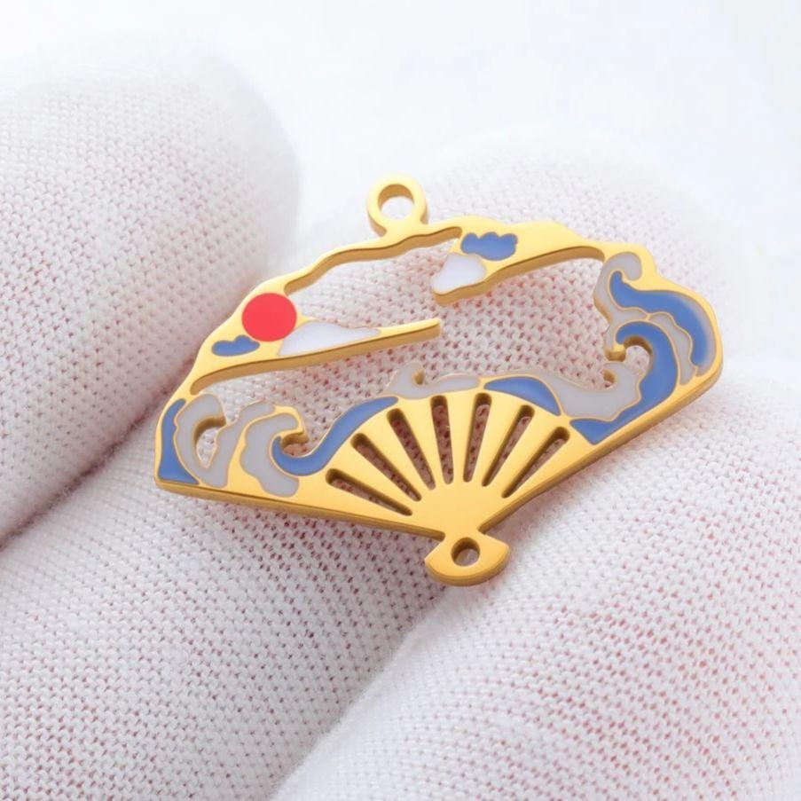 Teamer 5pcs/Lot Hollow Enamel Folding Fan Charms Stainless Steel Oriental Artistic Conception Pendant For Jewelry Making Hotsale