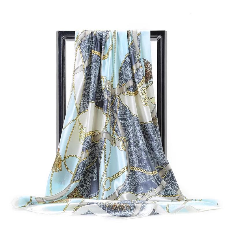 Scarves 90*90Cm Women Print Twil Hair Neck Square Silk Scarf Office Lady Shawl Bandana 90X90Cm Muslim Hijab Handkerchief Korean