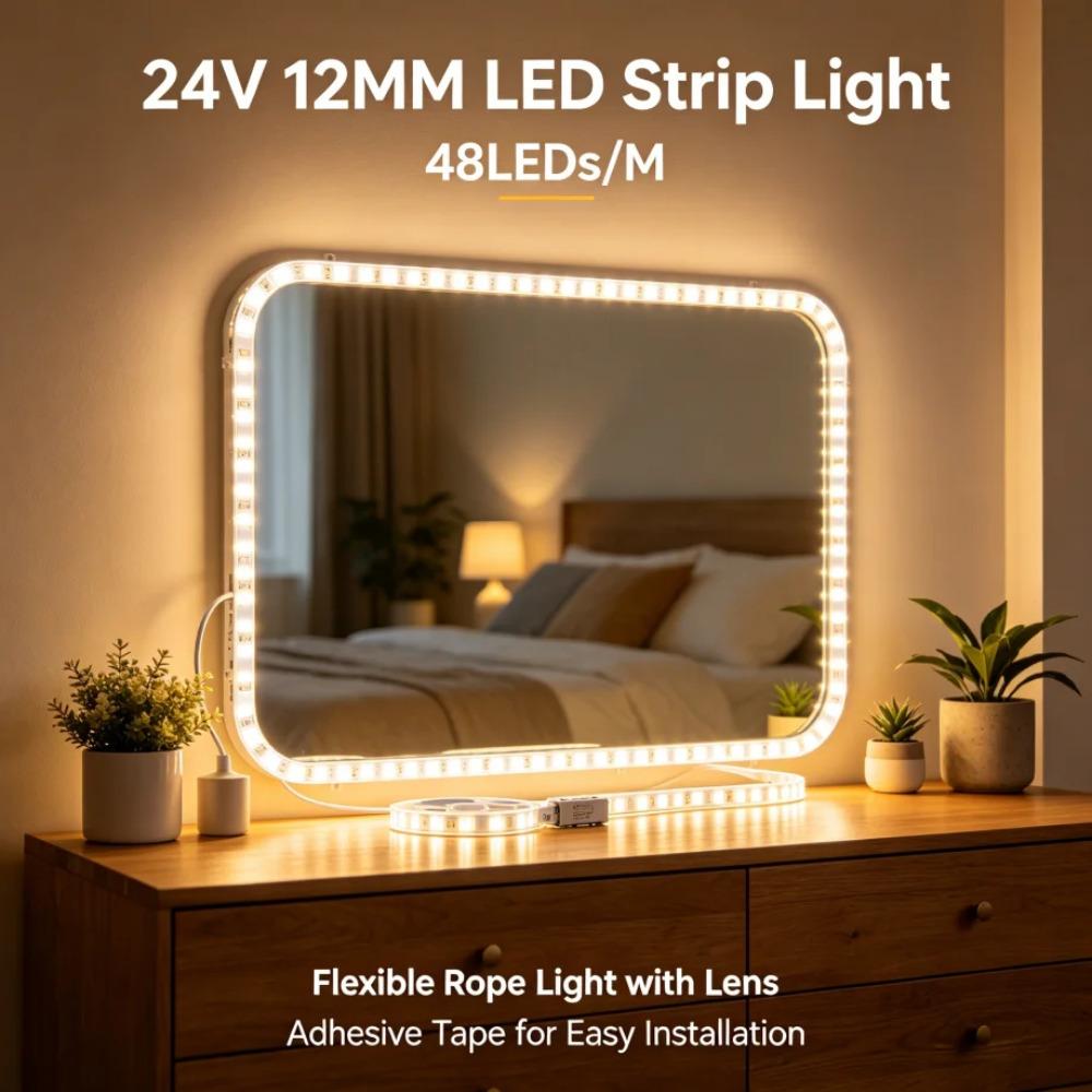 

24V SMD LED Strip 12MM 48LEDs/M Flexible Rope Light With Lens Adhesive Tape For Bedroom Mirror DIY Home Cabinet Wardrobe Decor 0.5m теплим білим кольором