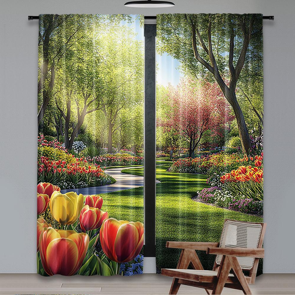 Set Of 2 Garden Curtain Keukenhof Colorful Tulip Flowers Trees Foliage Spring Season Bedroom Living Room For Area Made Polyester