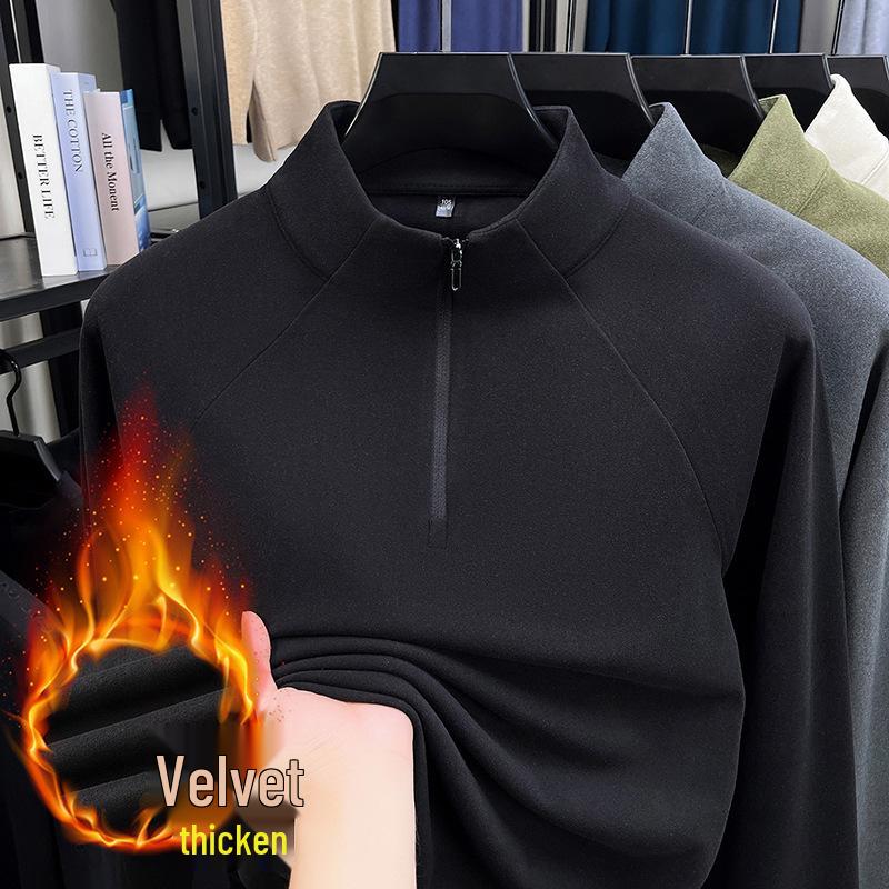 Men's Luxury 700g Velvet-Lined Stand Collar Half-Zip Heavyweight Hoodie - Warm, Lightweight, Autumn/Winter Solid Color.